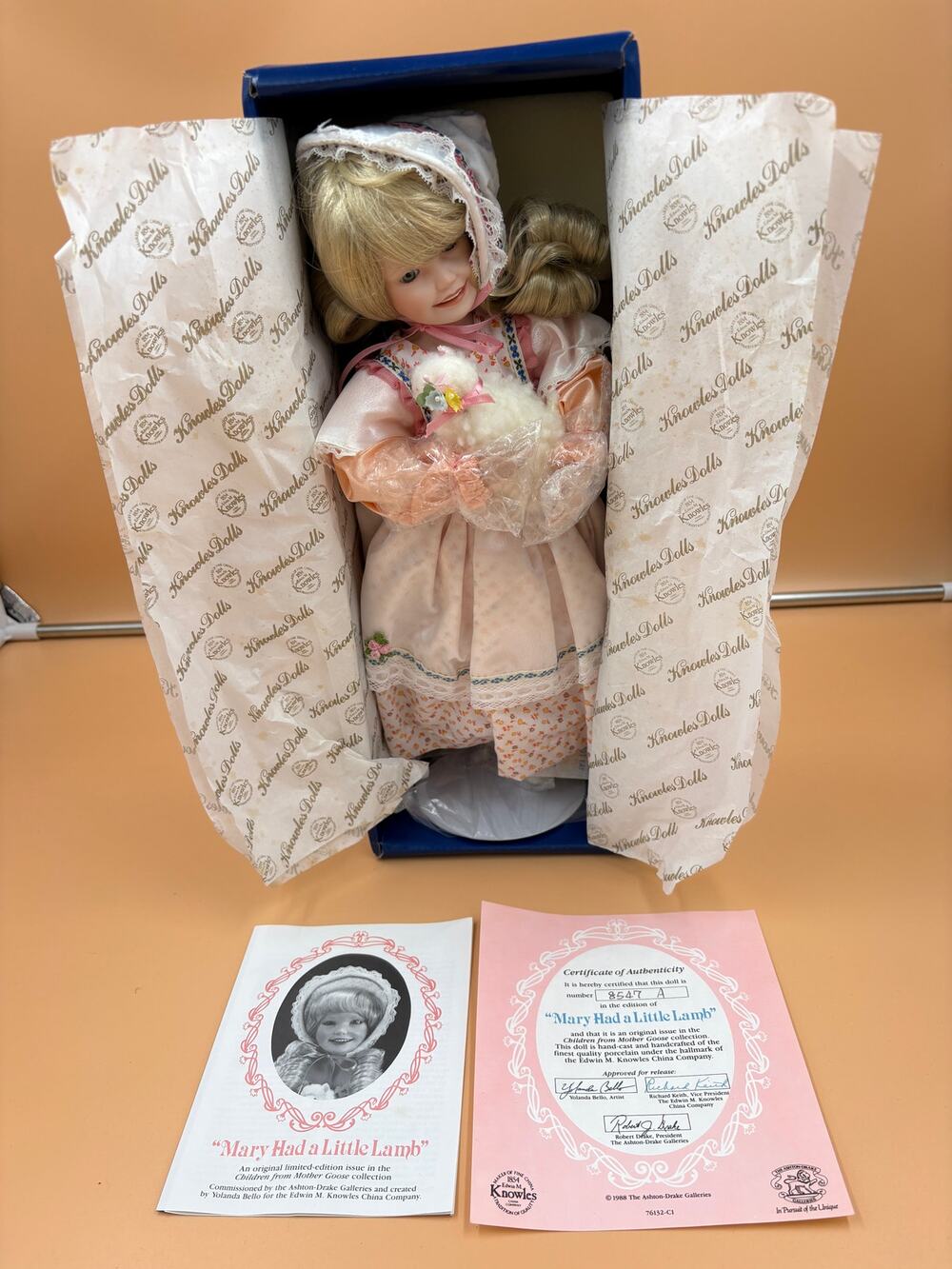 Knowles "Mary Had a Little Lamb" Porcelain Doll Mother Goose  w/ Box & COA